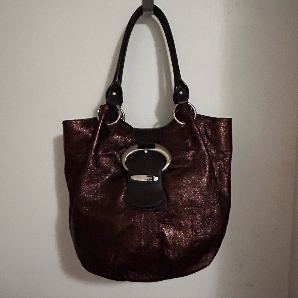 PUNTOTRES BARCELONA BROWN METTALUC SHOULDER BAG SATCHEL SILVER HARDWARE